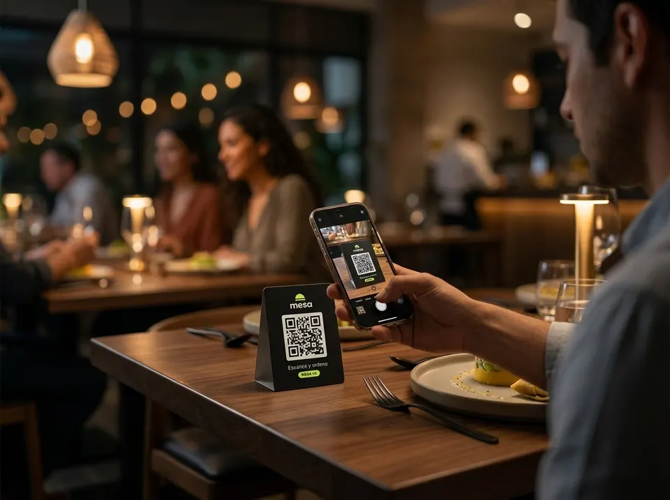 Cliente escaneando el QR en una mesa con comida y bebidas