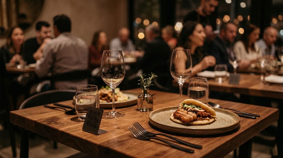 Mesa servida en el restaurante, con el QR para pedir