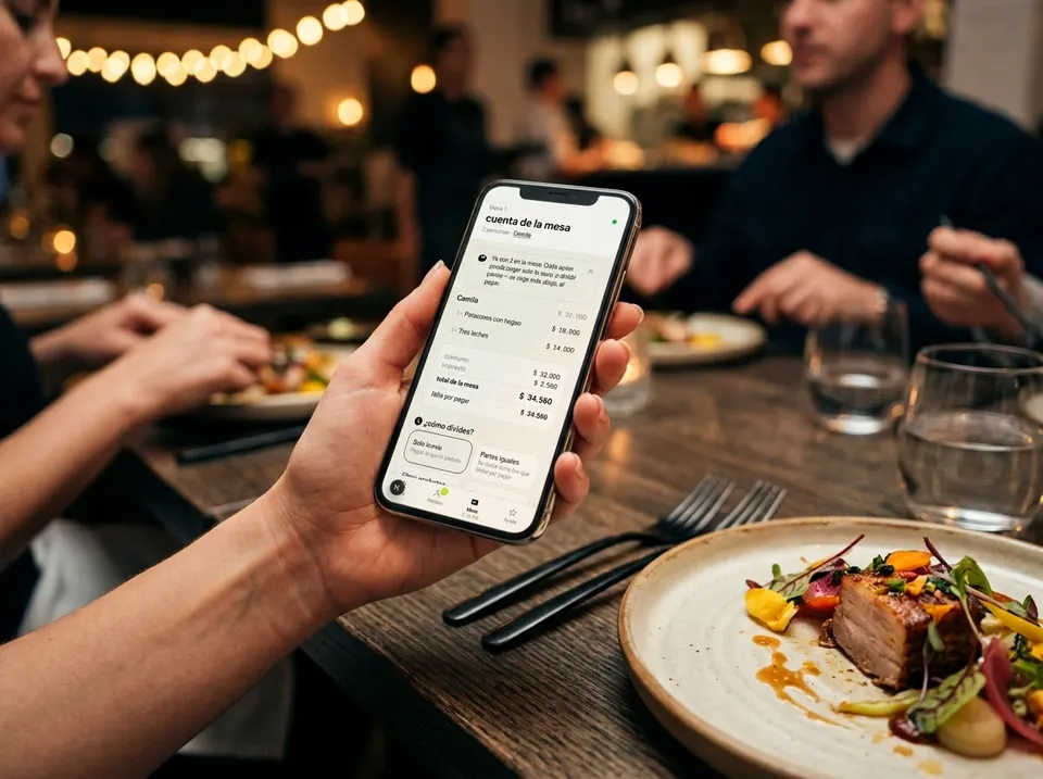 Persona sosteniendo el teléfono con la cuenta de la mesa